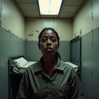 AI-generated photo: Photorealistic prison portrait photograph, the person is standing directly beneath a bare overhead b...