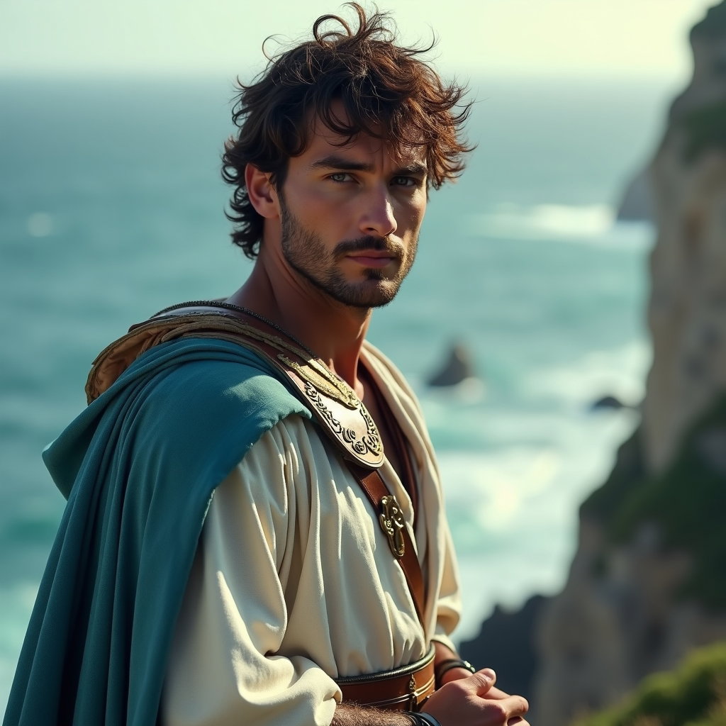 Solo Perseus Sea-Cliff Victory Portrait example: Cinematic fantasy close-up portrait photography, Perseus-inspired solo victory portrait at the rim of a pale limestone s