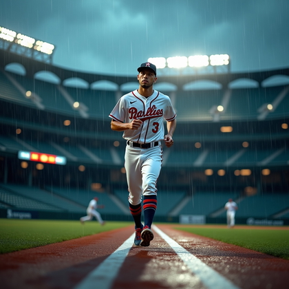 AI-generated photo: Photorealistic sports photography. Low-angle, full-body portrait of a reliever jogging in from the b...