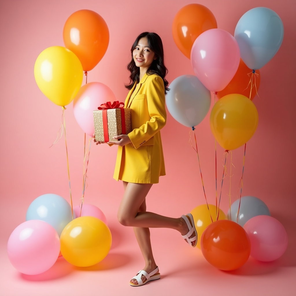 Playful Birthday Confetti and Balloon Portraits example: Photorealistic full-body birthday fashion photography. The subject poses playfully on a seamless studio floor surrounded