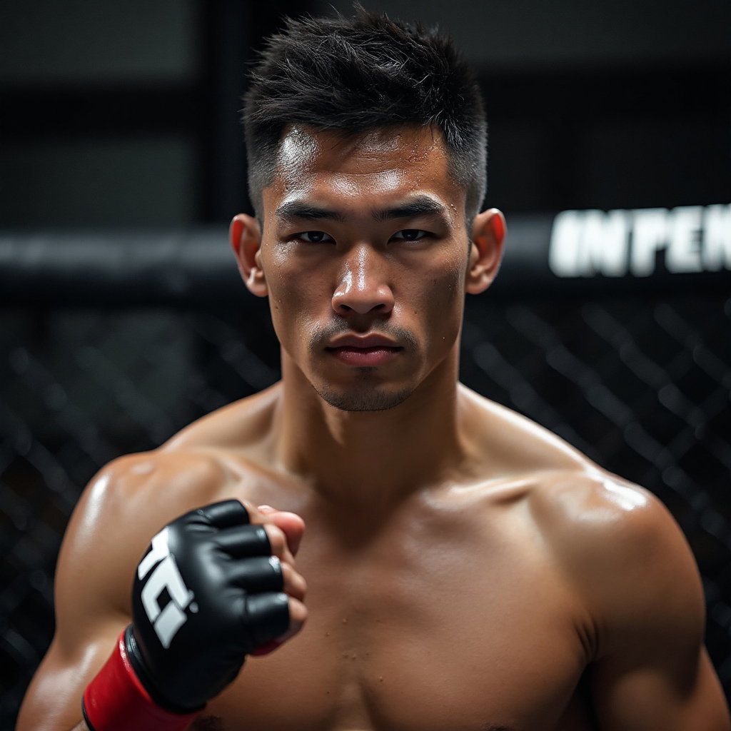 AI-generated photo: **Photorealistic professional photography.** A portrait of a UFC fighter in a traditional fighting s...