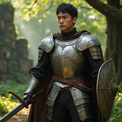 AI-generated photo: Cosplay photo featuring a character dressed as a heroic knight clad in a meticulously detailed suit ...