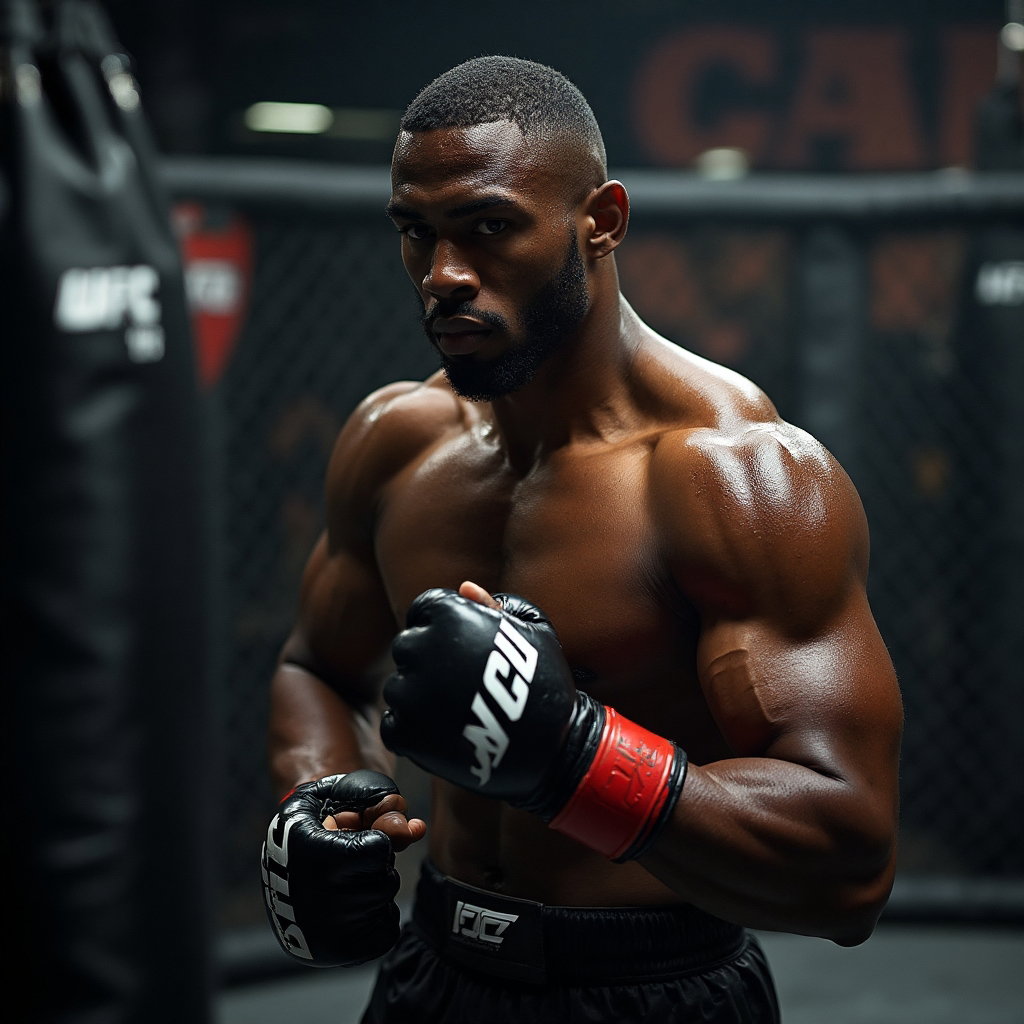 AI-generated photo: **Photorealistic professional photography.** Capture the intense energy of a UFC fighter in a dynami...