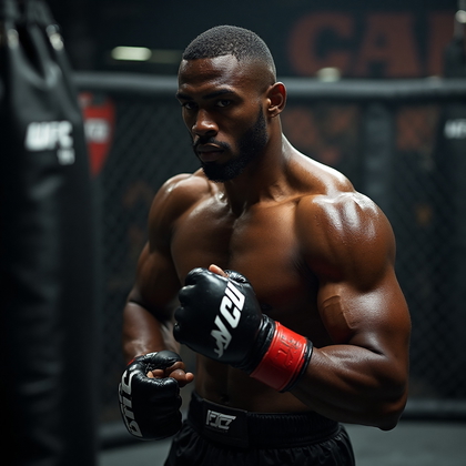 AI-generated photo: **Photorealistic professional photography.** Capture the intense energy of a UFC fighter in a dynami...