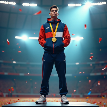 AI-generated photo: Photorealistic fashion photography, single subject standing tall on the center podium in an Olympic-...