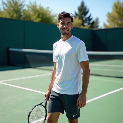 Photorealistic dating profile photo: Sun-washed outdoor tennis court with crisp painted lines and a taut net casting clean diagonal shadows, a cool-toned windscreen creating a graphic, uncluttered backdrop that directs attention to the face. The subject stands near the service line in a confident stance, torso angled slightly toward camera, a racquet balanced casually in one hand, shoulders easy, and a playful, flirty smile. Soft directional skylight with subtle bounce provides even, flattering tones and sparkling catchlights, while a mid-length crop from mid-thigh to above the head delivers a sporty, desirable vibe.