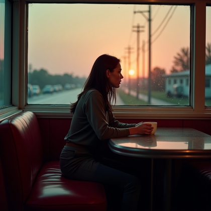 Sunrise Aftermath Final Girl Portrait example: Cinematic horror portrait photo, environmental portrait inside a quiet roadside diner at dawn, the subject seated alone