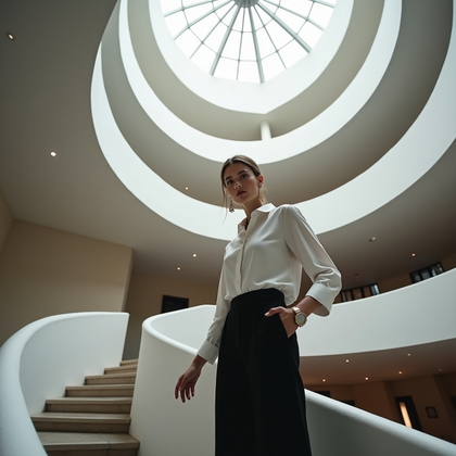Photorealistic architectural portrait on a grand spiral staircase in a cultural venue, subject pausing mid-step with one hand on the rail and chin slightly angled toward the camera so the face is cleanly lit and fully visible. A skylight casts soft natural light that traces the curve of the banister, while the geometric pattern of steps creates strong leading lines and a sculptural backdrop. Minimalist monochrome attire and a refined watch or delicate jewelry add crisp, high-end styling that complements the sweeping, elegant setting.