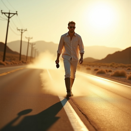 AI-generated photo: Photorealistic lifestyle photography: sunblasted desert two-lane highway with heat haze rippling abo...