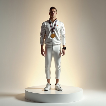 AI-generated photo: Photorealistic studio fashion photography, full-body portrait capturing a “calm champion” moment jus...