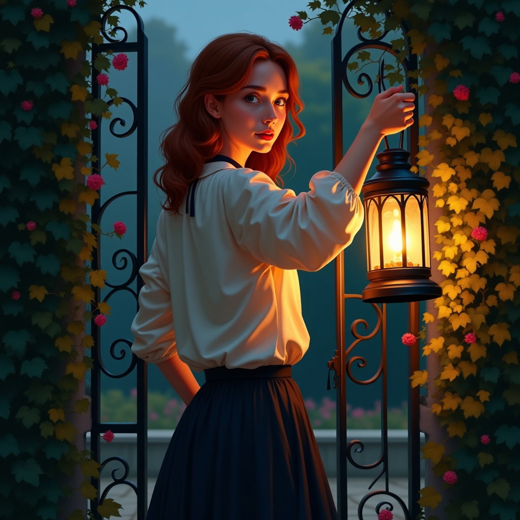 Jardin nocturne à la lanterne : portrait en plan américain par-dessus l’épaule à côté d’un portail de jardin en fer forgé enlacé de vignes, avec une seule personne visible se retournant vers le spectateur…
