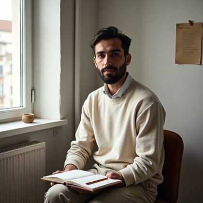 Minimal Modern Poetcore Portrait That Doesn’t Look Like a Costume example: Photorealistic portrait photography. Environmental portrait in a sparse home studio corner, face clearly visible as the