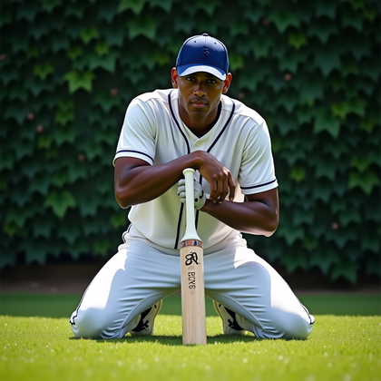 AI-generated photo: Photorealistic sports portrait photo on the outfield grass in front of a lush ivy-covered wall, knee...