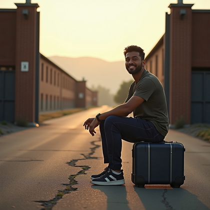 AI-generated photo: Photorealistic lifestyle portrait photograph showing the person sitting on a small rolling suitcase ...