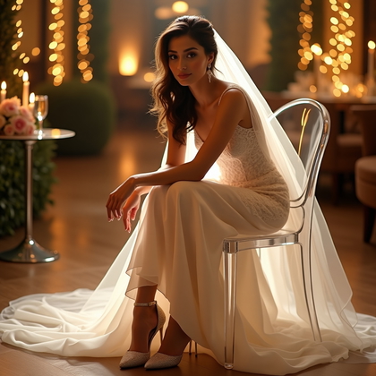 AI-generated photo: Photorealistic wedding photography at the reception lounge where the bride perches at the very edge ...