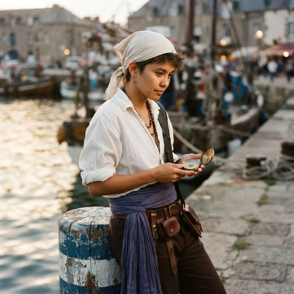 Sunlit Pirate at the Harbor: Intimate waist-up pirate-costume portrait beside a painted harbor bollard.