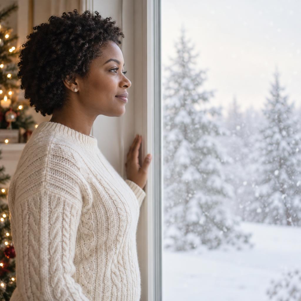 Window-Lit Snowfall Silhouette: A quiet Christmas card portrait beside a tall living-room window.
