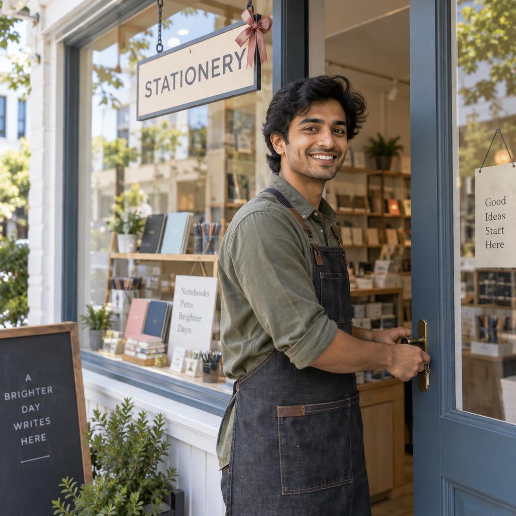 Launching An Independent Business: Eye-level portrait at the entrance of a new stationery shop on a bright, breezy morning.