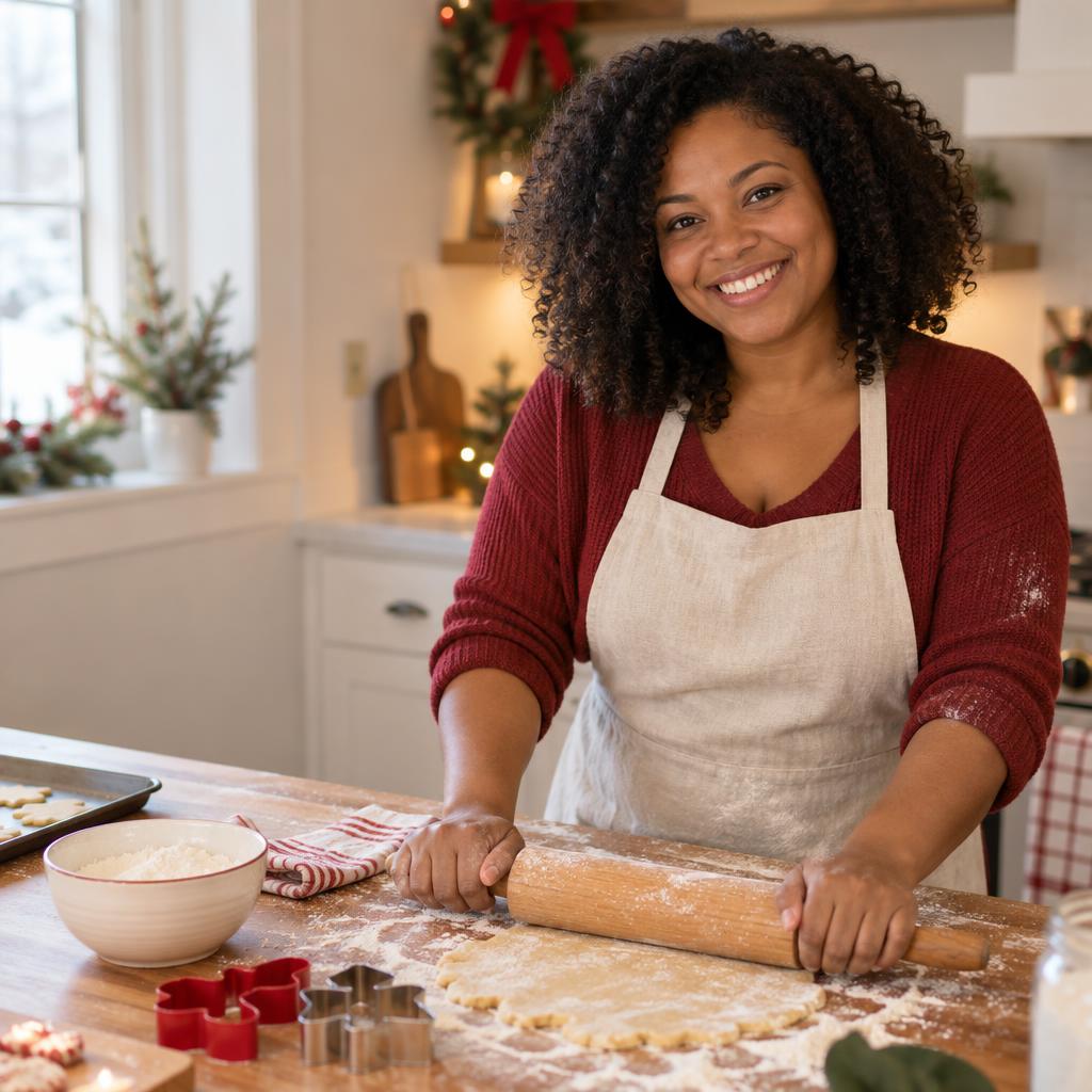 Candid Holiday Baking Moment: Photorealistic Christmas card photo in a cozy home kitchen.
