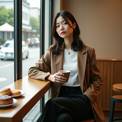 AI-generated photo: Photorealistic lifestyle fashion photography. A stylish portrait inside a minimalist Japanese café, ...