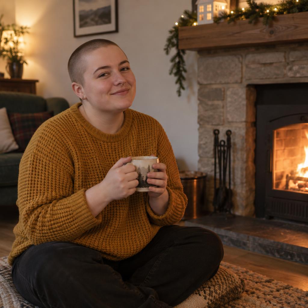 Fireside Seated Portrait: Photorealistic Christmas card photo of one person seated on a floor cushion beside a low fireplace, framed waist-up.