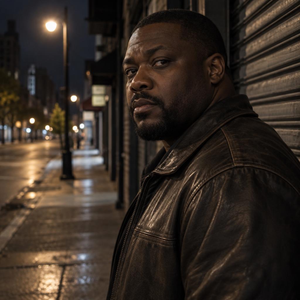 Gritty Crime-Drama Profile: Tight head-and-shoulders portrait beside a closed metal storefront on an empty city block.