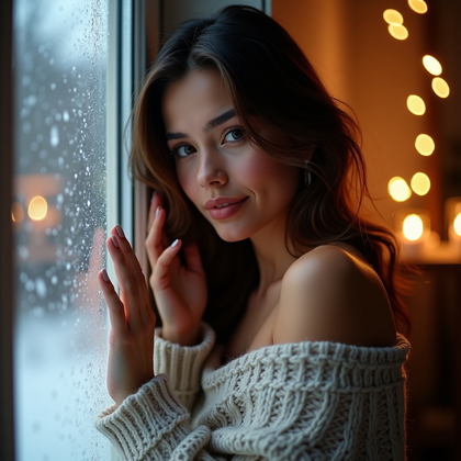 AI-generated photo: Photorealistic winter lifestyle portrait in a softly lit living room nook, fairy lights and candles ...