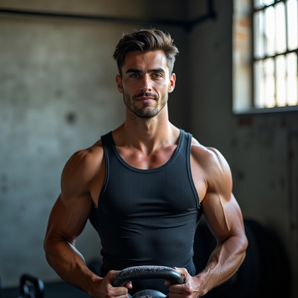 AI-generated photo: Photorealistic natural-light portrait photography of a subject in a ribbed athletic tank holding a k...
