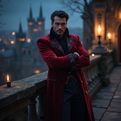 AI-generated photo: Cosplay villain photo illustrating a charismatic villain in a richly textured outfit composed of dee...