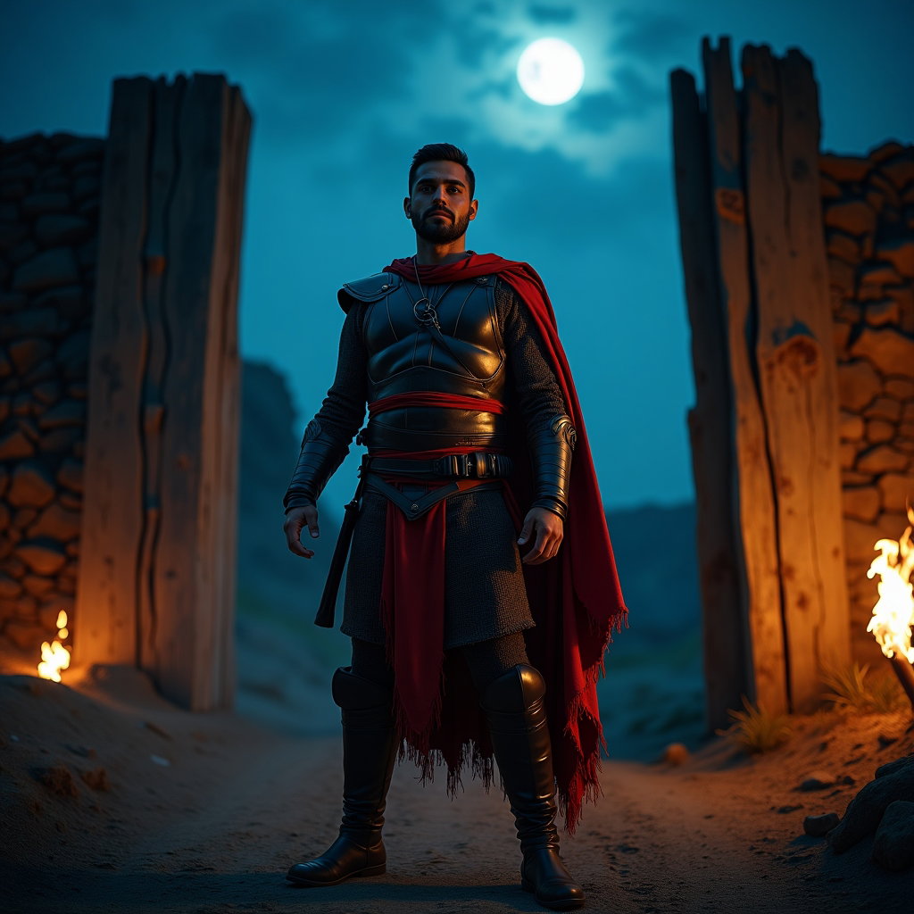 Solo Achilles Battle-Scar Close-Up example: Cinematic mythological portrait photography. Full-body night portrait at a rough wooden palisade gate after combat, with