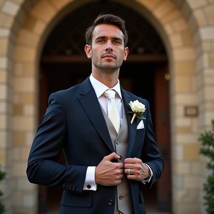 AI-generated photo: Photorealistic wedding photography of a waist-up portrait at the chapel doorway with clean stone wal...