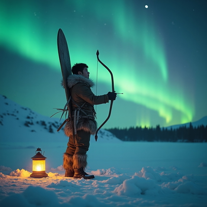 AI-generated photo: Photorealistic lifestyle photography on a wide, snow-dusted tundra under sweeping aurora, pale moonl...