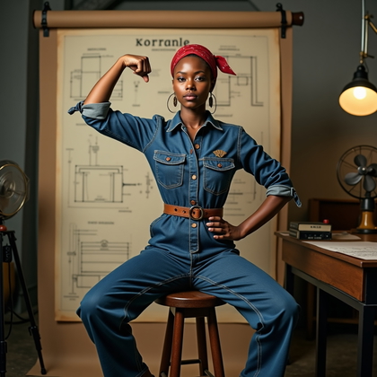 AI-generated photo: Photorealistic hand-tinted silver-gelatin fashion studio portrait: a 1940s factory-office set with a...