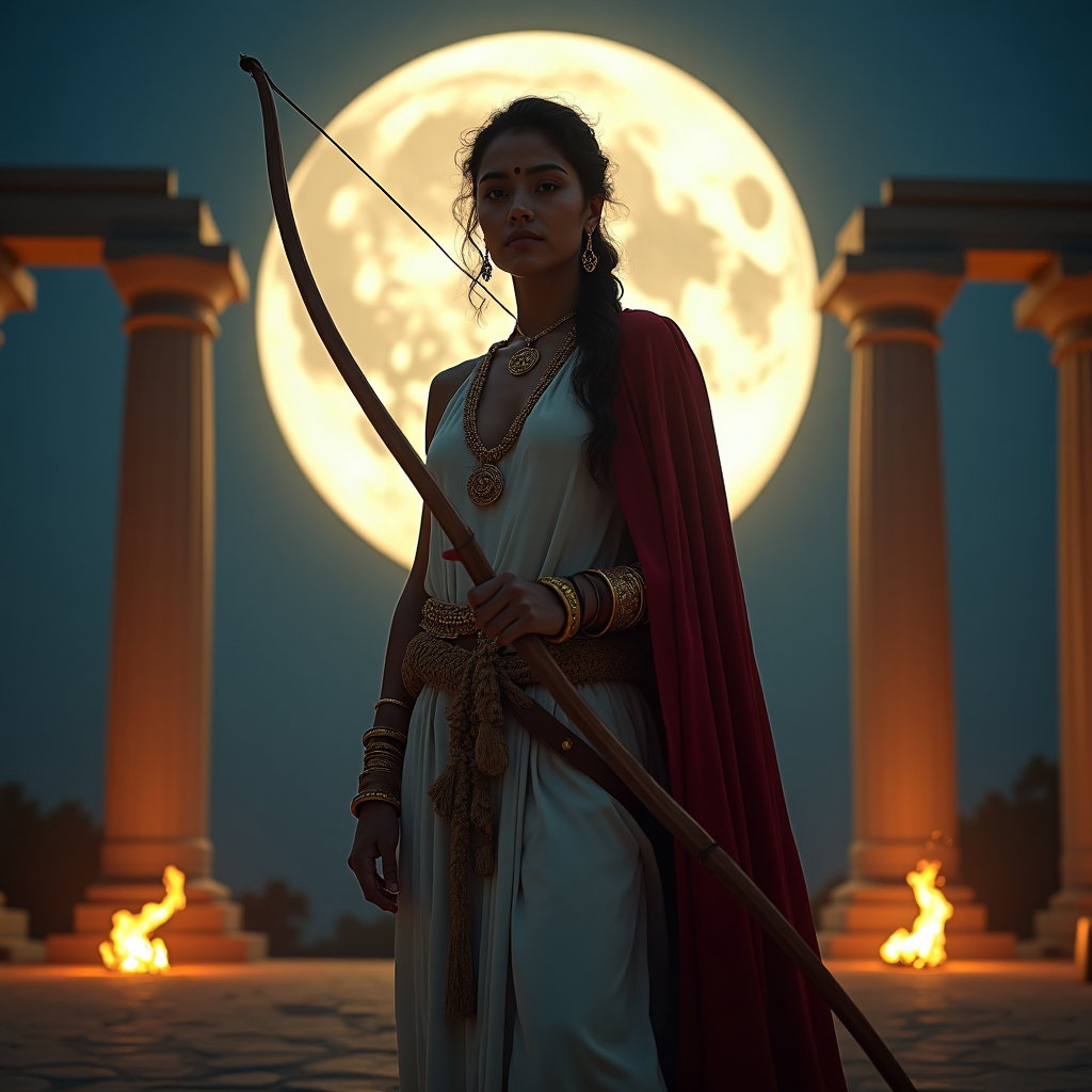Solo Atalanta Huntress Action Portrait example: Cinematic Greek myth portrait photography. Editorial hero image of a solo mythic archer posed before a giant moon, holdi