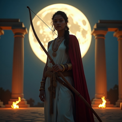 Solo Atalanta Huntress Action Portrait example: Cinematic Greek myth portrait photography. Editorial hero image of a solo mythic archer posed before a giant moon, holdi