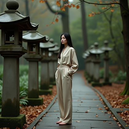 AI-generated photo: Photorealistic fashion portrait photography. A quiet contemplative portrait on the edge of a forest ...