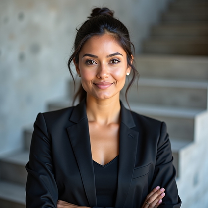 AI-generated photo: Professional headshot photo positioned at the foot of an architectural concrete stair with clean hor...