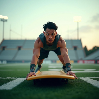 AI-generated photo: Photorealistic fitness photography of a sled push at first light on a professional football field, t...