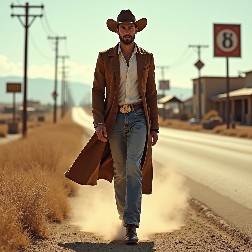 AI-generated photo: Photorealistic fashion photography. A cowboy-inspired fashion subject walks straight toward the came...