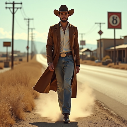 AI-generated photo: Photorealistic fashion photography. A cowboy-inspired fashion subject walks straight toward the came...