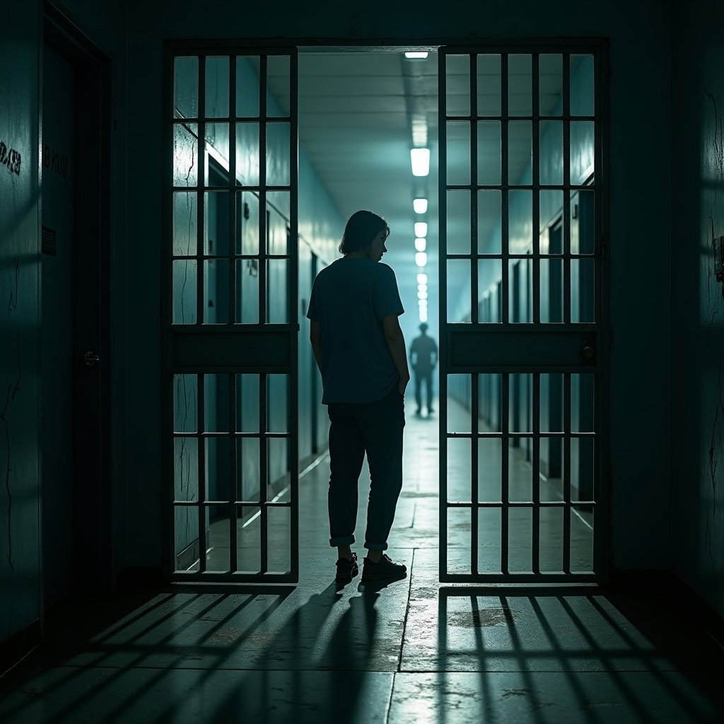 AI-generated photo: Photorealistic prison photography. The scene is shot from the outside of a heavy barred door, with t...