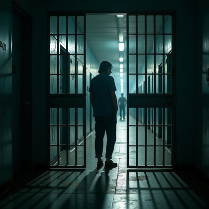 AI-generated photo: Photorealistic prison photography. The scene is shot from the outside of a heavy barred door, with t...