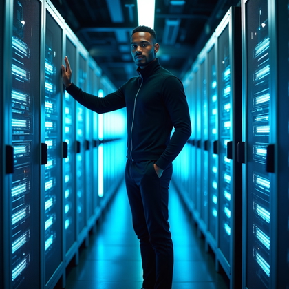 Photorealistic environmental portrait photography: in a cooled server corridor glowing with stacked LEDs and glass cabinets, the subject stands centered in a power stance with one hand lightly touching a server door and the other relaxed at the side, wearing minimalist techwear in matte fabrics that catch the highlights subtly, turning the face toward camera with focused, assured presence. Cool blue practicals from the racks backlight the figure while a warm key from camera-left shapes the face and adds dimensionality, and a faint haze emphasizes light shafts without obscuring detail. Leading lines of cable trays and floor tiles pull the viewer into the frame, while reflections ripple across tempered glass to create layered depth. The composition is waist-up and symmetrical, with precise, high-contrast clarity that feels cutting-edge yet approachable.