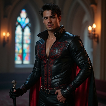 AI-generated photo: Cosplay photo featuring a seductive villainous character wearing a dark, form-fitting leather ensemb...