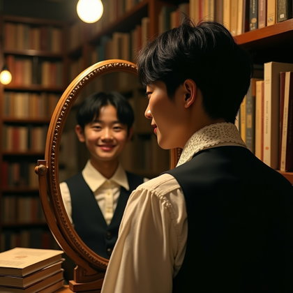 Vintage Bookshop Aisle Portrait With a Secretive Smile example: Photorealistic creative portrait photography. A dreamy bookshop aisle scene reflected in an antique oval mirror held bes