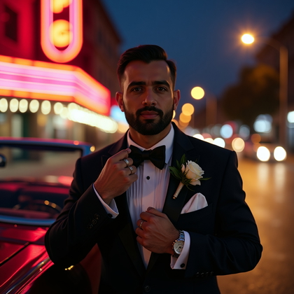 AI-generated photo: Photorealistic wedding photography outside the reception venue at night with a classic convertible p...