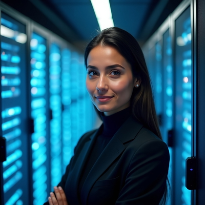 AI-generated photo: Professional headshot photograph in a secure data corridor with softly blurred server racks and cool...