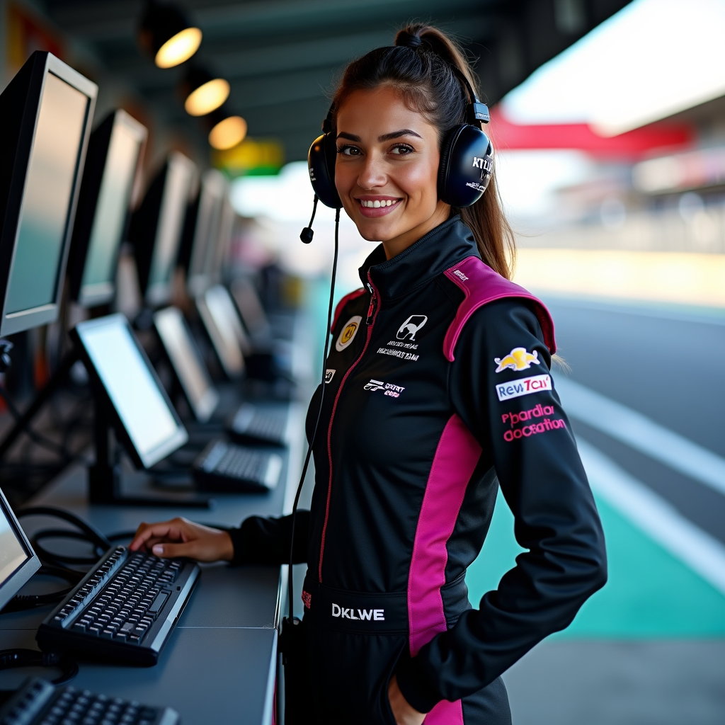 Pit Wall Headset Strategist Close-Up example: Photorealistic paddock portrait photography. Full-body portrait of a headset strategist standing beside a pit wall comma