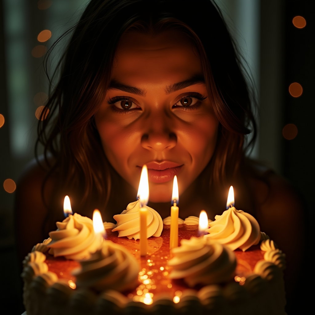 Candlelit Cake Birthday Close-Ups example: Photorealistic birthday portrait photography. Creative reflection portrait using a small mirror or glossy cake stand to