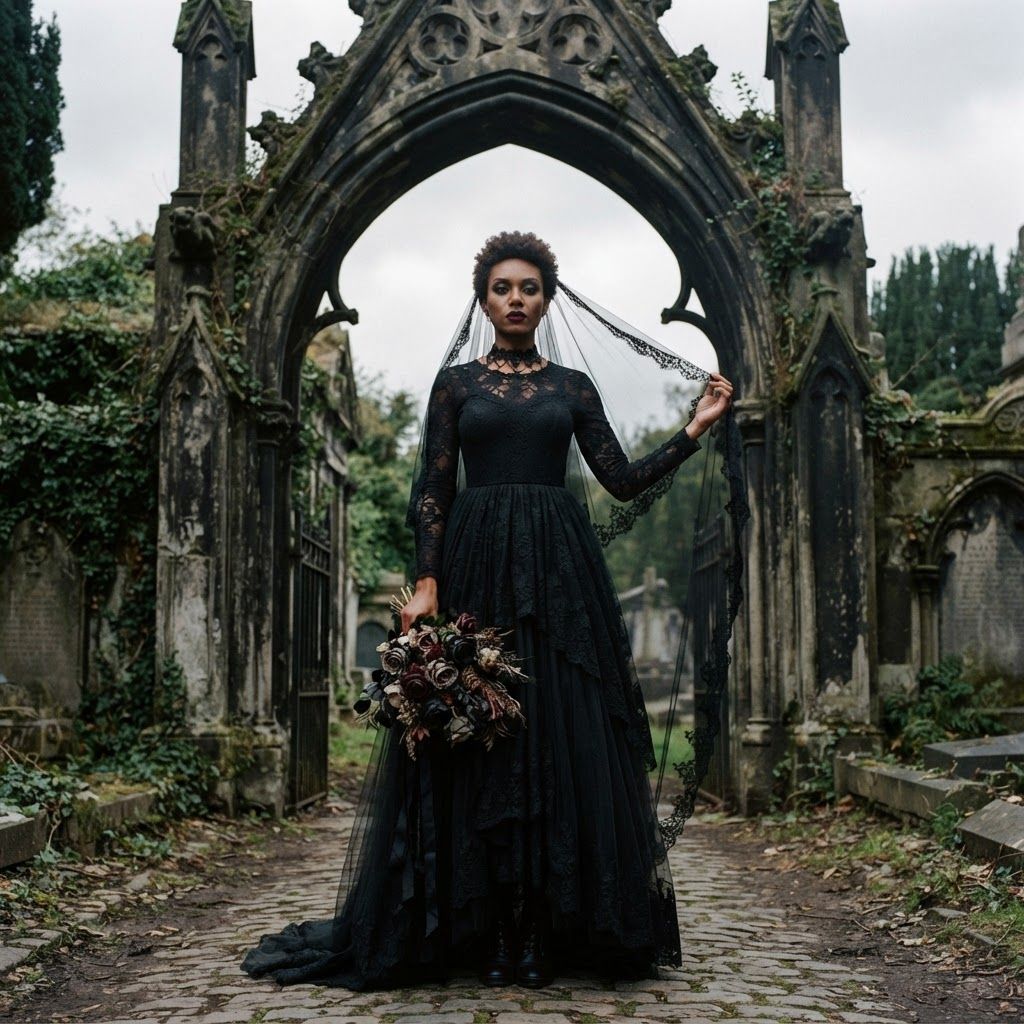 Gothic Bride Beneath a Cemetery Arch: Full-length gothic bridal portrait centered beneath a weathered stone cemetery arch.
